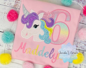6th Birthday Pastel Unicorn Shirt, Girl Rainbow Pastel Unicorn Birthday Outfit, Rainbow Unicorn outfit, Unicorn embroidery, Any age