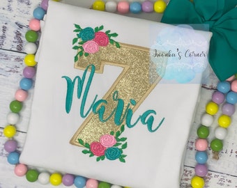 Golden 7th birthday shirt, Gold glitter, Floral birthday shirt, Flower, Roses, Hot pink name , Personalized applique shirt