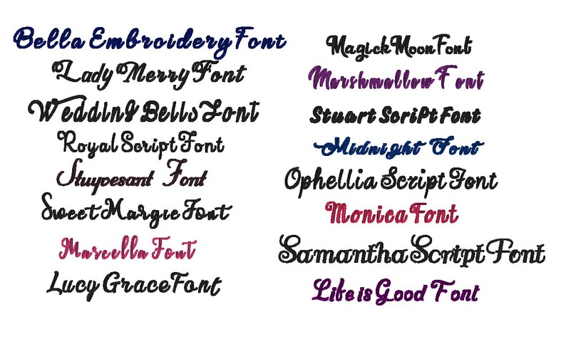 Op de afbeelding: Een verzameling verschillende cursieve lettertypen weergegeven op een witte achtergrond. De lettertypen omvatten "Bella Embroidery Font", "Lady Merry Font" en "Wedding Bells Font", naast andere. De tekst is in verschillende kleuren, waaronder zwart, blauw en paars.