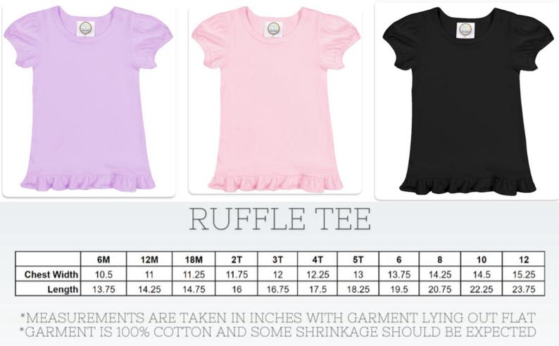 May include: A size chart for ruffle tees in various colors, including lavender, pink, and black. The chart shows chest width and length measurements in inches for sizes 6M to 12.