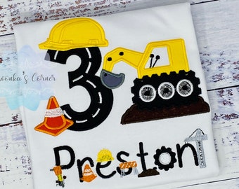 Boy 3rd Embroidered Construction Excavator Boy Birthday Shirt, Construction Birthday Party, 4th Birthday Shirt,