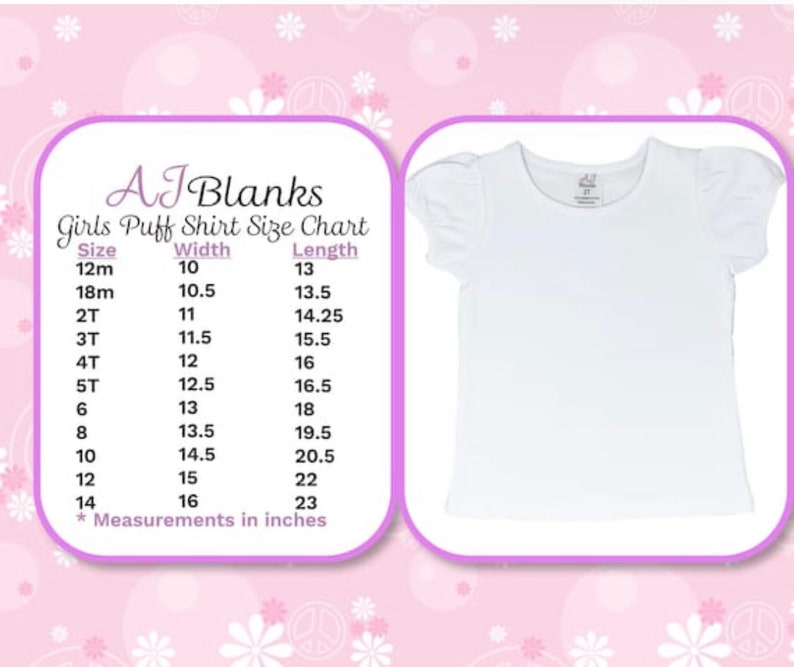 Op de afbeelding: Een wit meisjes puff shirt met korte, geplooide mouwen. Naast het shirt staat een maattabel van AJ Blanks, met maten van 12 maanden tot 14, met breedte- en lengtematen in inches.