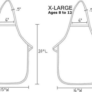 May include: Line drawing of two aprons, one labeled "Regular" and the other "X-Large". The Regular apron is 15 inches wide and 20 inches long. The X-Large apron is 16 inches wide and 24 inches long. Both aprons have adjustable neck straps and ties.