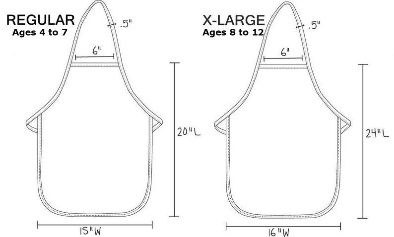 May include: Line drawing of two aprons, one labeled "Regular" and the other "X-Large". The Regular apron is 15 inches wide and 20 inches long. The X-Large apron is 16 inches wide and 24 inches long. Both aprons have adjustable neck straps and ties.