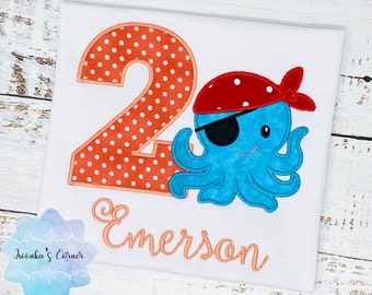 Girl birthday shirt with blue octopus,