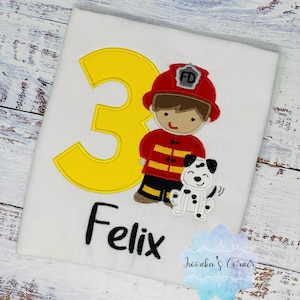Boy 3rd Birthday Fireman Hero and Dalmation Dog Embroidered Shirt for Boy or Girl, Firefighter Birthday Shirt