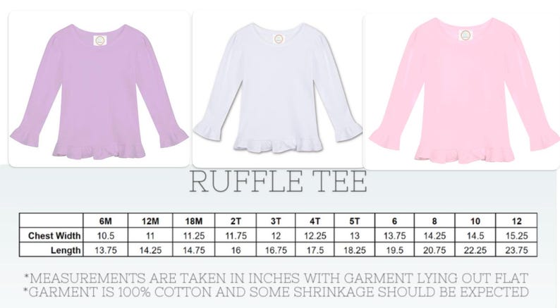May include: A size chart for ruffle tees in lavender, white, and pink. The chart shows chest width and length measurements in inches for sizes 6M to 12.