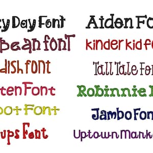 May include: A collection of whimsical font names in various colors, including Crazy Day Font, Limabean font, Childish font, Kristen Font, Big Dot Font, Hiccups Font, Aiden Font, kinder kid font, Tall Tale Font, Robinnie Font, Jambo Font, and Uptown Market Font.