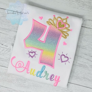 4th Birthday Shirt for Girl, Rainbow Princess Birthday Shirt, Birthday Number with Crown, Girls 4th Rainbow Number, Princess Tiara Party