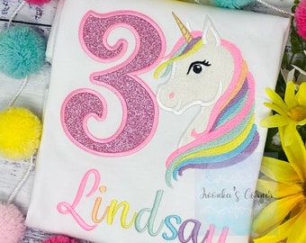 3rd Birthday Pastel Unicorn Shirt, Girl Rainbow Pastel Unicorn Birthday Outfit, Rainbow Unicorn outfit, Unicorn embroidery, Any age