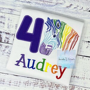 Girl 4th birthday rainbow zebra shirt, Embroidered Safari zebra t-shirt, Colorful rainbow zebra, Any age birthday tee