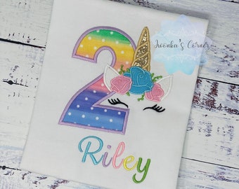 Girl 2nd Birthday shirt with rainbow unicorn , Rainbow Name and number, Unicorn party, Unicorn t-shirt for a girl 3rd, 4th birthday, Any age