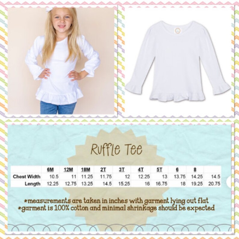 Op de afbeelding: Een witte ruffle tee met lange mouwen. De shirt heeft een ronde halslijn en ruches aan de manchetten en zoom. De afbeelding bevat een maattabel met afmetingen in cm voor borstbreedte en lengte.