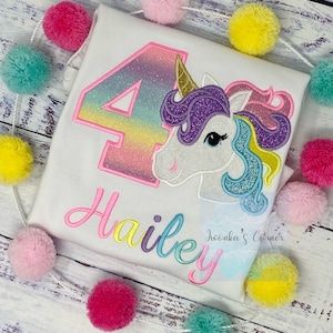 4th Birthday Pastel Unicorn Shirt, Girl Rainbow Pastel Unicorn Birthday, Gold Horn Unicorn birthday, Rainbow Unicorn, Unicorn embroidery