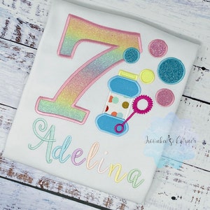 Girls 7th birthday Shirt with Bubbles, Bubble applique, Blowing bubbles birthday shirt, Soap Bubbles shirt