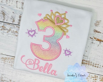 Girl shirt with princess tiara number, Rainbow, ombre birthday shirt, Third birthday outfit,