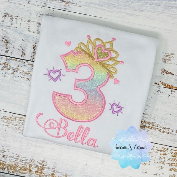 Girl shirt with princess tiara number, Rainbow, ombre birthday shirt, Third birthday outfit,