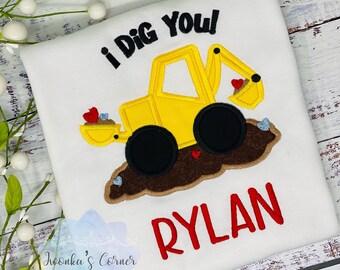 I dig you Valentines Embroidered Construction Excavator Boy Birthday Shirt, Construction Birthday Party, Boy Valentines Excavator Shirt,