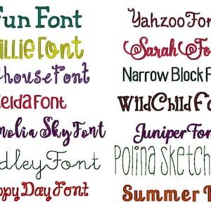 May include: A collection of different font names written in various colors and styles. The fonts include Fun, Willie, Pollhouse, Zelda, Magnolia Sky, Hadley, Happy Day, Yahzoo, Sarah, Narrow Block, Wild Child, Juniper, Polina Sketch, and Summer.