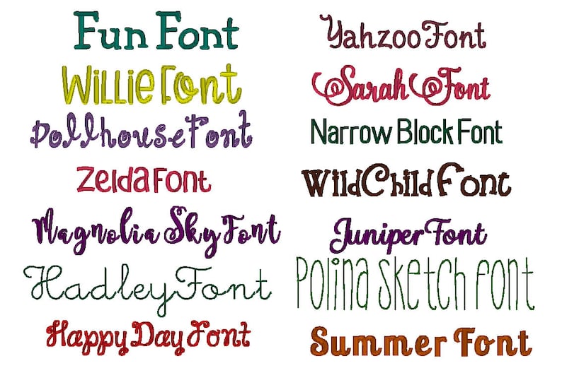 May include: A collection of different font names written in various colors and styles. The fonts include Fun, Willie, Pollhouse, Zelda, Magnolia Sky, Hadley, Happy Day, Yahzoo, Sarah, Narrow Block, Wild Child, Juniper, Polina Sketch, and Summer.