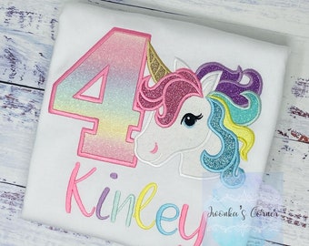 4th Birthday pink Unicorn Shirt, Girl Rainbow Pastel Unicorn Birthday Outfit, Rainbow Unicorn outfit, Unicorn embroidery, Any age