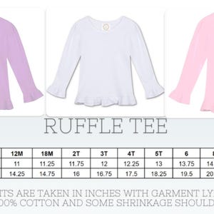 May include: A size chart for ruffle tees in lavender, white, and pink. The chart shows chest width and length measurements in inches for sizes 6M to 12.