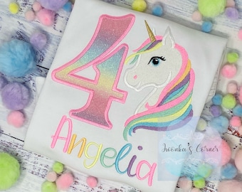 Girl 4th Birthday Pastel Unicorn and number Shirt, SHIPPING NEXT DAY, Girl Rainbow Pastel Unicorn Birthday, Rainbow Uni, Unicorn embroidery
