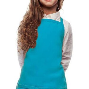 May include: A turquoise blue child-sized apron with a single pocket. The apron has adjustable straps and a curved bottom.