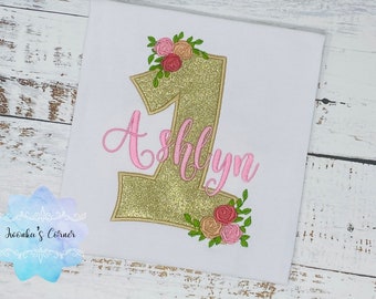 Golden birthday shirt, Gold glitter, Floral birthday shirt, Flower, Roses, First Birthday, Personalized applique shirt