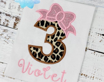 Girl cheetah birthday number shirt, Pink bow cheetah print birthday outfit, Girl 3rd birthday outfit, Leopard print