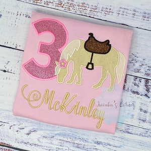 Girl 6th Birthday Shirt With Palomino Horse, Birthday Shirt with Ponny and Saddle, 4th, 6th 7th Horse Embroidery Birthday Shirt