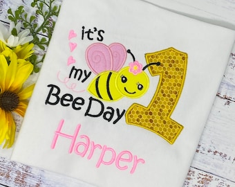Camisa de cumpleaños de girl 1st Bee, camisa de nido de abeja, bordado de It's My Bee Day, atuendo personalizado de abeja, camisa de cumpleaños con abeja