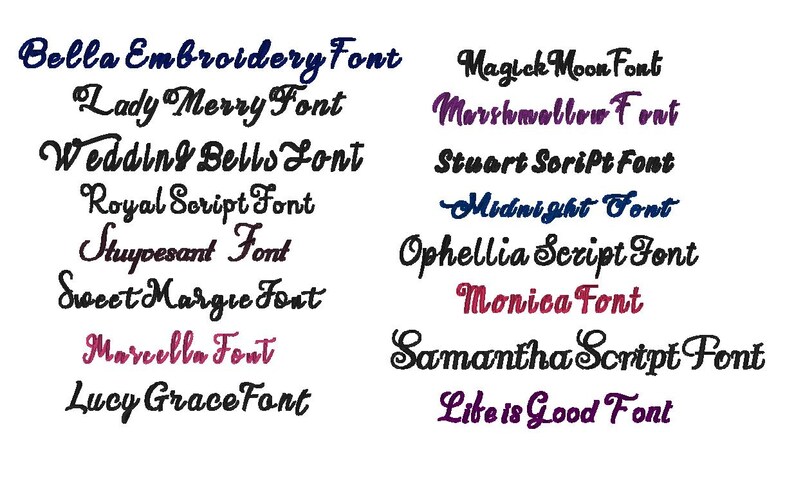 May include: A collection of cursive font names in various colors, including Bella Embroidery Font, Lady Merry Font, Wedding Bells Font, Royal Script Font, Stuyvesant Font, Sweet Margie Font, Marcella Font, Lucy Grace Font, Magick Moon Font, Marshmallow Font, Stuart Script Font, Midnight Font, Ophellia Script Font, Monica Font, Samantha Script Font, and Lite is Good Font.