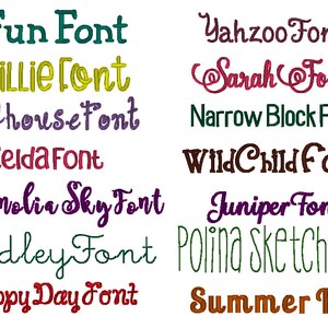 Op de afbeelding: Een verzameling verschillende lettertypen in diverse kleuren. De lettertypen omvatten "Fun Font", "Willie Font", "Dollhouse Font", "Zelda Font", "Magnolia Sky Font", "Hadley Font", "Happy Day Font", "Yahzoo Font", "Sarah Font", "Narrow Block Font", "Wild Child Font", "Juniper Font", "Polina Sketch Font" en "Summer Font".