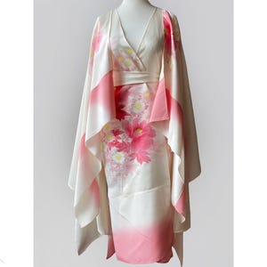 Hand-Painted Pink Flower Silk Kimono Dress with Cape Top