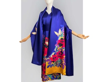 May include: A blue silk kimono with a floral and butterfly print. The kimono has a gold trim and a red, yellow, and purple floral pattern.