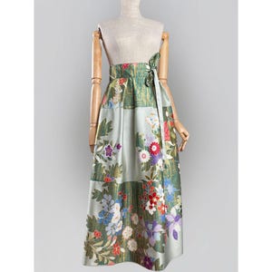 Green Silk Voluminous Skirt. Vintage Silk Maxi Wrap Skirt. Colourful Vibrant Flowers. Upcycled Vintage Japanese Furisode Silk &gt; Zero Waste