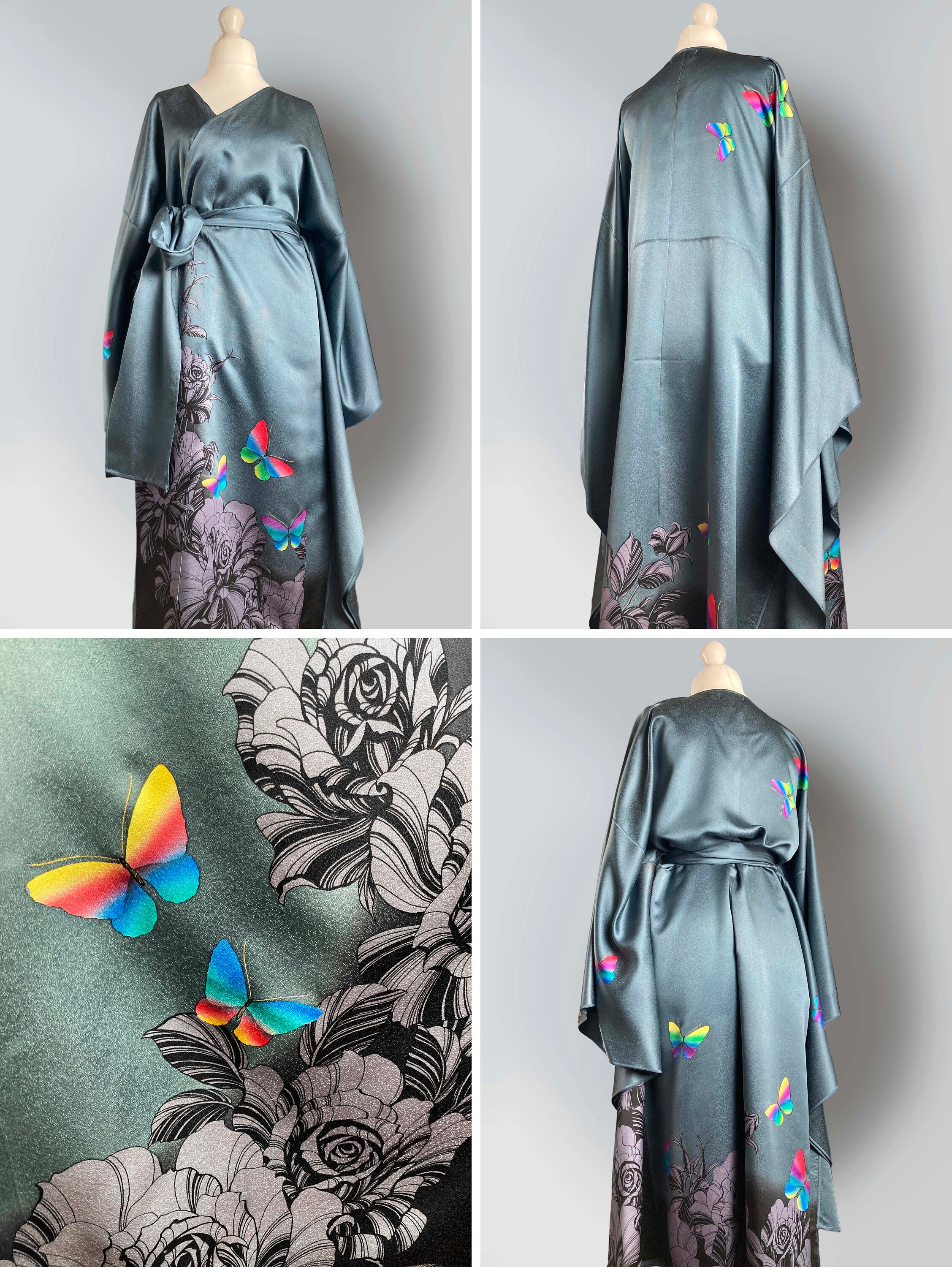 未使用　美品　GARMENT REPRODUCTION KAORI YUZAWA Silver Blue Butterly Kimono Gown. Oversized Flowing Pure