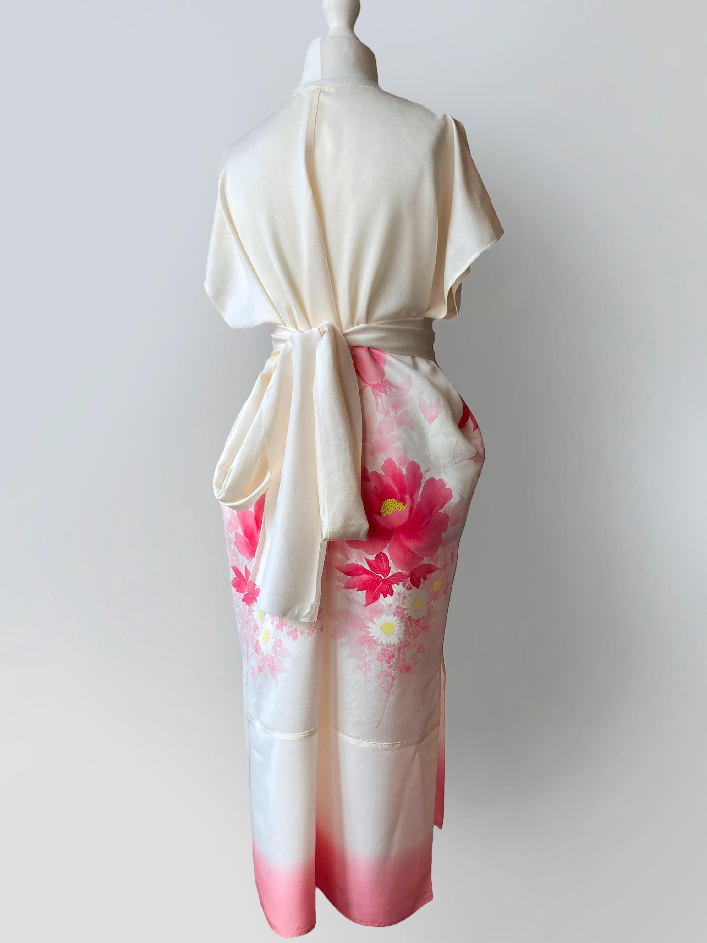 Hand-Painted Pink Flower Silk Kimono Dress with Cape Top