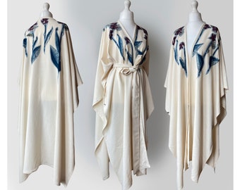Long Edwardian Style Robe with Daffodils. Art Nouveau Belted Cape Wrap. Vintage Silk & Cream Cady. Sustainable, Zero Waste Clothing. OOAK