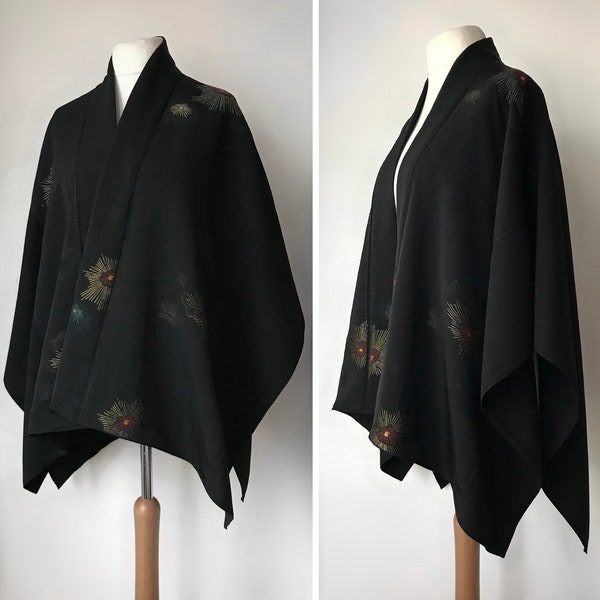Long Black Cape Coat / Wool Cape / Silk Cape / Opera Coat / Japanese Silk Fabric / Heavy Weight / Hand Sewn / One Size