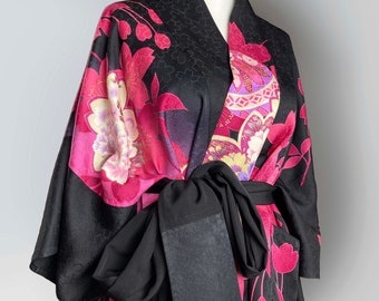 Short Sleeve Kimono Jacket. Pink & Black Vintage Silk