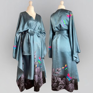Silver Blue Silk Kimono Gown: Upcycled Vintage Butterfly Dress