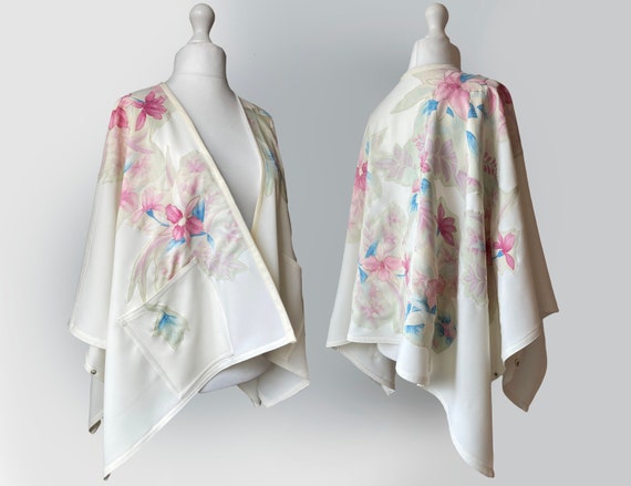 Classic Pastel Boho Cape Jacket. Vintage Silk Kimono Cape Jacket. Applique Design. Ivory Pink Floral Hand Painted Silk Upcycled Fabrics Etsy UK