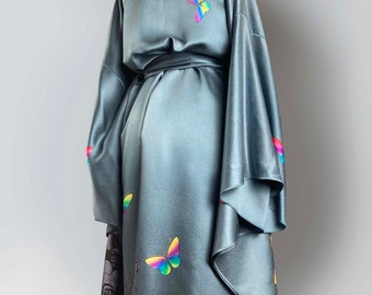 Silver Blue Butterly Kimono Gown. Oversized Flowing Pure