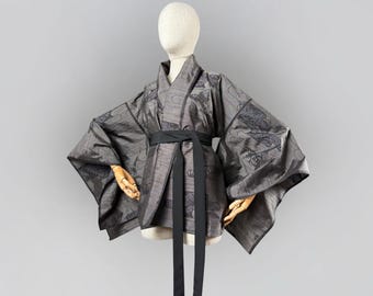 Metallisk grå sidenkimonojacka – Vintage hantverksmässigt handvävd japansk siden Oshima Tsumugi
