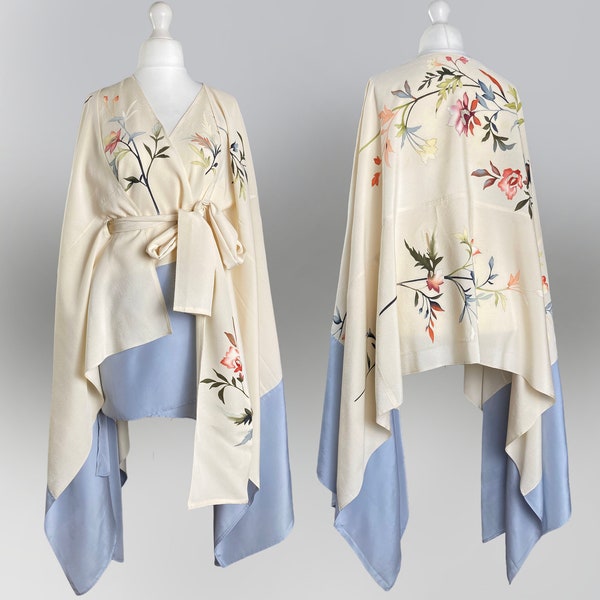 Cream Floral Silk Cape with Long Wrap Top. Vintage Silk Kimono Outfit. Upcycled Vintage Japanese Silk > Sustainable Zero Waste Process