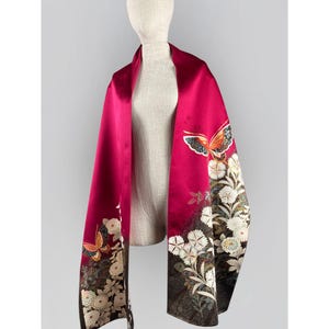 Plumb Purple Shawl Wrap. Vintage Silk Shawl Scarf with Gold Butterflies, Plants & Flowers . Upcycled Vintage Japanese Silk &gt; Zero Waste