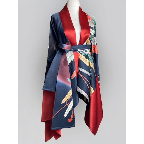 Long Vibrant Cape Wrap. Navy Blue & Red Patterned Kimono Cape. Long Cape Top. Upcycled Vintage Japanese kimono Silk > Zero Waste Process