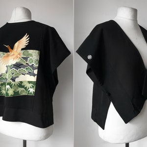 Cropped Spring Jacket / Kimono Robe / Kimono Jacket / Handmade Upcycled Clothing / Embroidered back Panel, Exquisite Detail - Japanese Silk